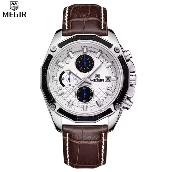 Megir 2015  Fashion Business Chronograph Date Clock Wristwatch Luxury Quartz Leather Waterproof Watches Men Manufacturing and Export