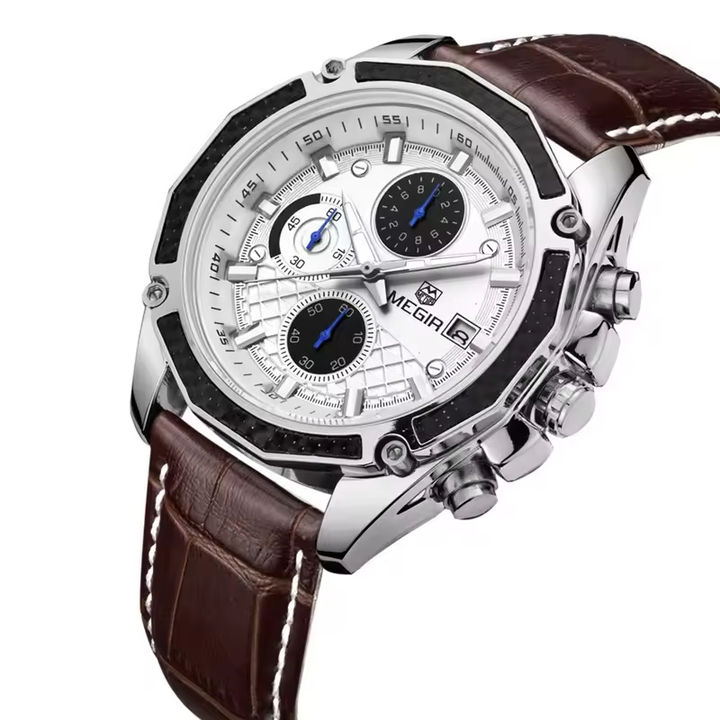 Megir 2015  Fashion Business Chronograph Date Clock Wristwatch Luxury Quartz Leather Waterproof Watches Men Manufacturing and Export