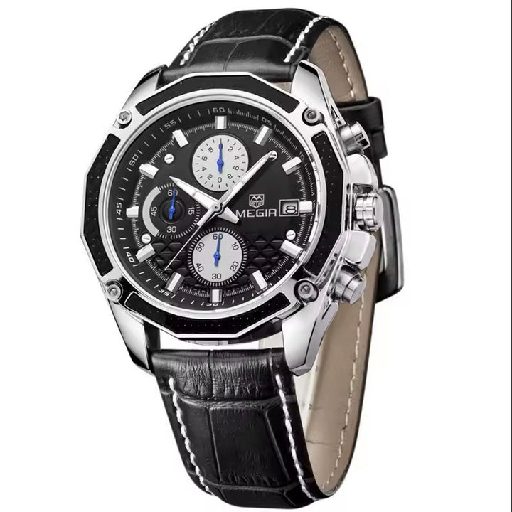 Megir 2015  Fashion Business Chronograph Date Clock Wristwatch Luxury Quartz Leather Waterproof Watches Men Manufacturing and Export