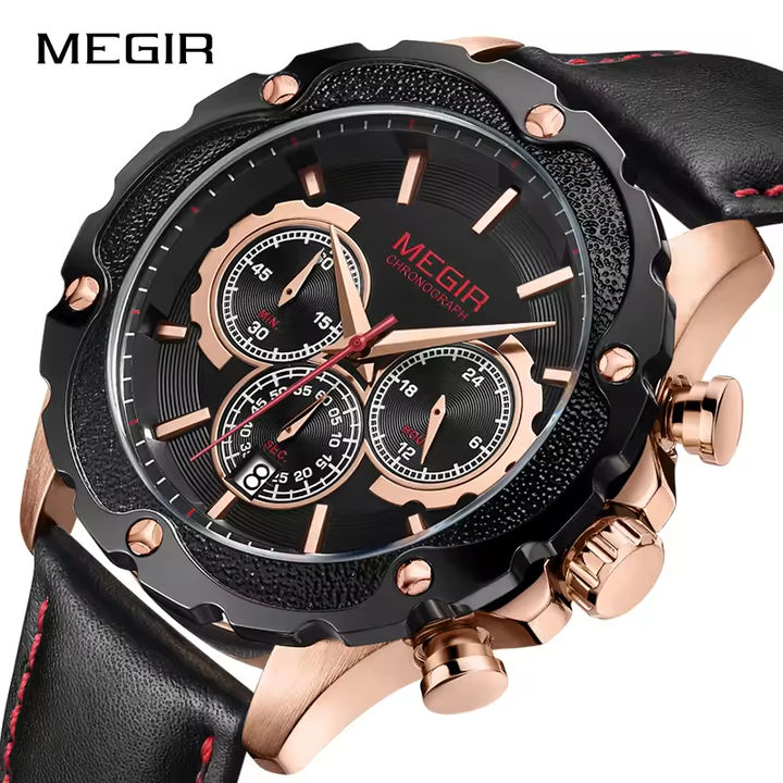 Megir 2070 Luxury Watches Men Business Calendar Clock Genuine Leather Top Brand Chronograph Quartz Watch Men Export Factory