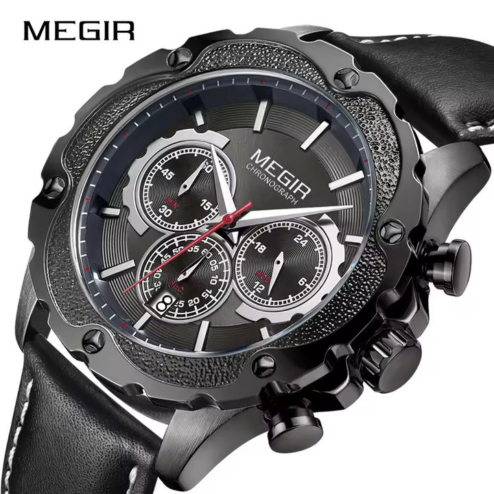 Megir 2070 Luxury Watches Men Business Calendar Clock Genuine Leather Top Brand Chronograph Quartz Watch Men Export Factory