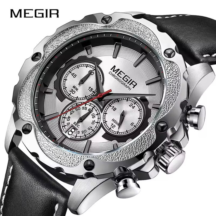 Megir 2070 Luxury Watches Men Business Calendar Clock Genuine Leather Top Brand Chronograph Quartz Watch Men Export Factory