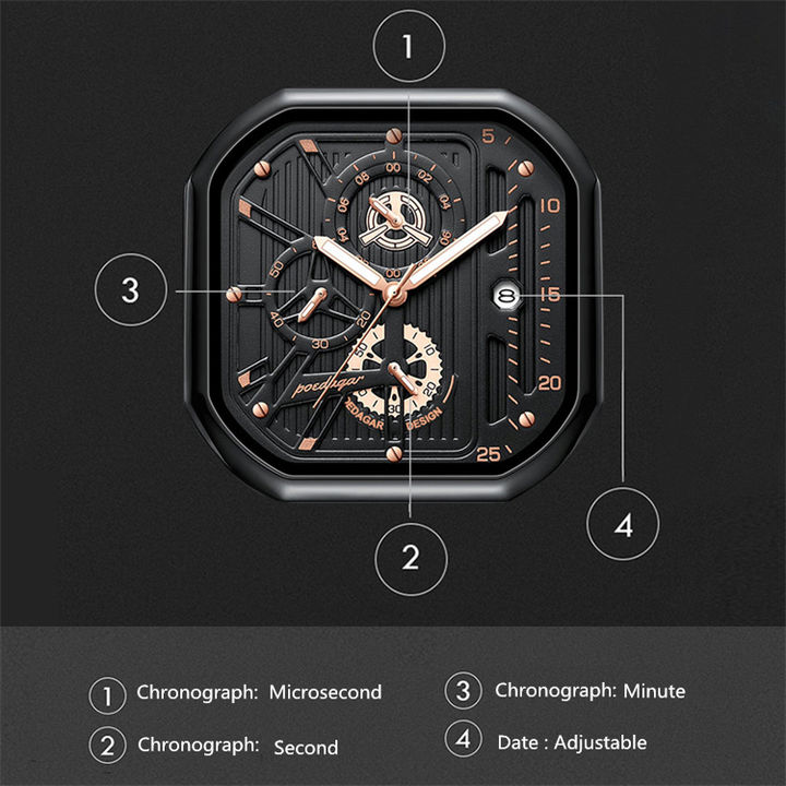 Square Cool Men's Watch Technology Power Design Chronograph watches POEDAGAR P628 Factory to Consumer Services