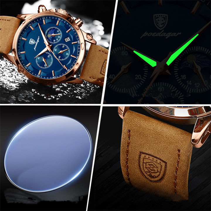 Watch for Men hot sale Poedagar P928 Chronograph genuine Leather waterproof quartz watches Large Order Wholesale Outlet
