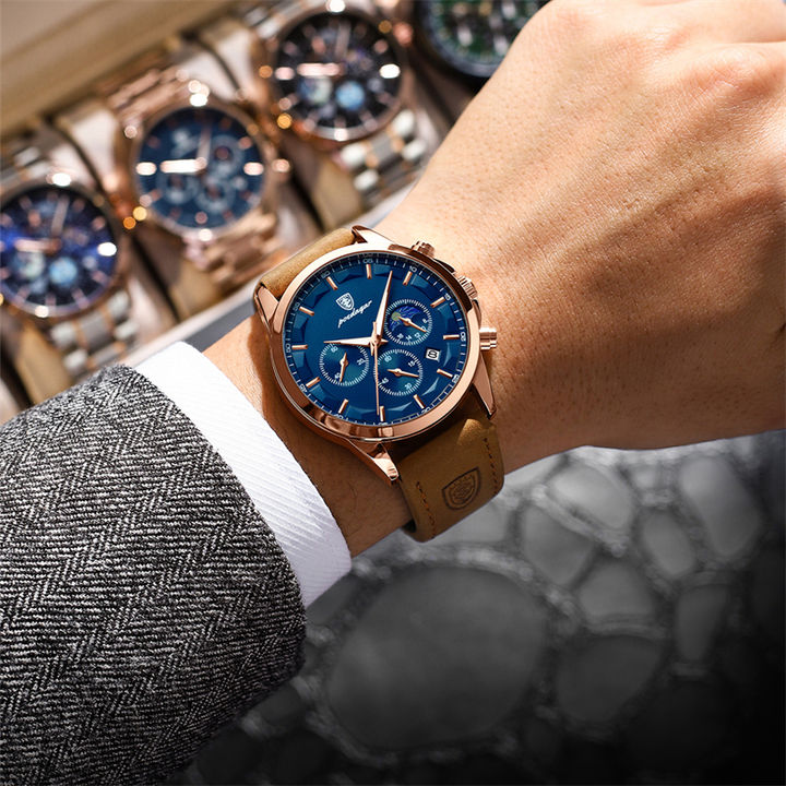 Watch for Men hot sale Poedagar P928 Chronograph genuine Leather waterproof quartz watches Large Order Wholesale Outlet