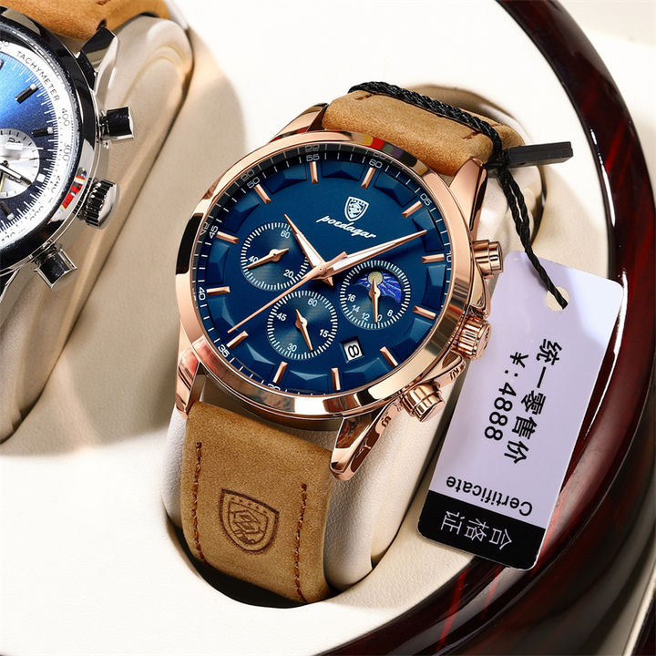 Watch for Men hot sale Poedagar P928 Chronograph genuine Leather waterproof quartz watches Large Order Wholesale Outlet