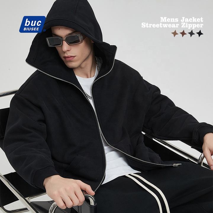 Blank Fleece Zip Zipper Hooded Sweatshirt Custom Face Covered Hoodie Printed Mock Neck Men's Zip Up Jacket