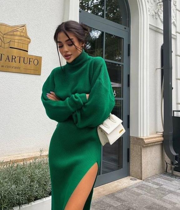2024 Casual Design New Spring Warm Ropa High Collar Loose Pullover Long Sexy Women Sweater Knitted Dress Wholesale B2B Pricing Custom Solutions