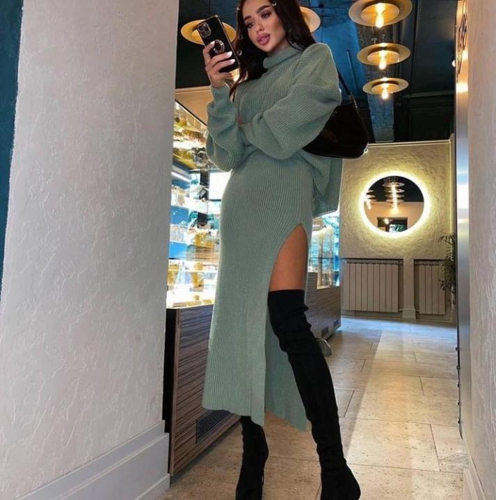 2024 Casual Design New Spring Warm Ropa High Collar Loose Pullover Long Sexy Women Sweater Knitted Dress Wholesale B2B Pricing Custom Solutions