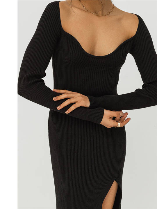 2024 Casual V-Neck Long Sleeve Medium Length Sweater Tight Sexy Thread Knit Base Thickened Dress Woman Clothing Export Wholesale