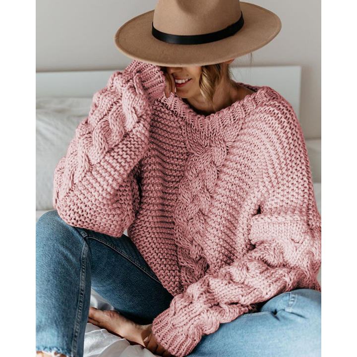 2024 Custom Autumn Winter New Style Round Neck Cable Stitch Off-The-Shoulder Sweater Plus Size Women Clothing Production Facility