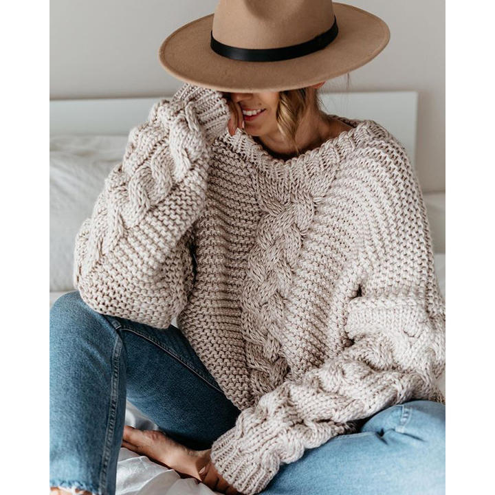 2024 Custom Autumn Winter New Style Round Neck Cable Stitch Off-The-Shoulder Sweater Plus Size Women Clothing Production Facility