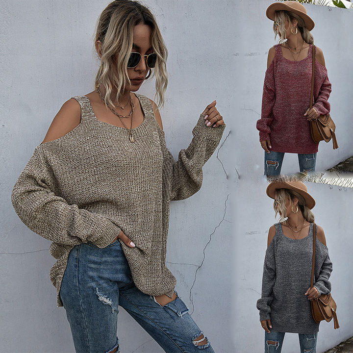 2024 Custom Casual Women Solid Color Knit Square Neck Off-The-Shoulder Bottom Sweater With Long Sleeves Export Wholesale Distributor