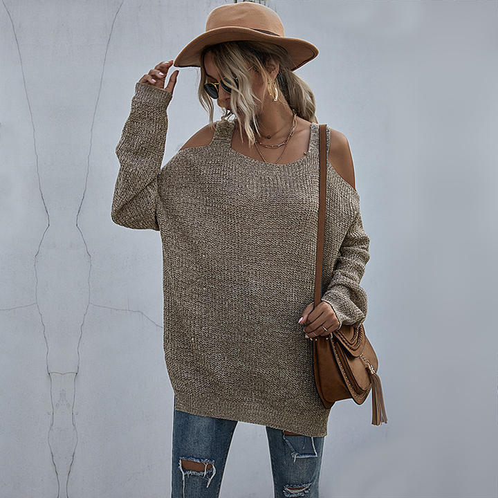 2024 Custom Casual Women Solid Color Knit Square Neck Off-The-Shoulder Bottom Sweater With Long Sleeves Export Wholesale Distributor