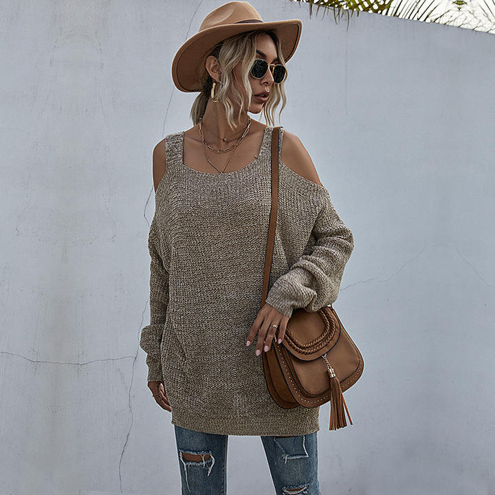 2024 Custom Casual Women Solid Color Knit Square Neck Off-The-Shoulder Bottom Sweater With Long Sleeves Export Wholesale Distributor