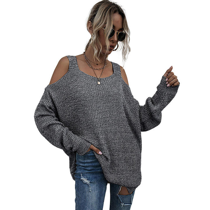 2024 Custom Casual Women Solid Color Knit Square Neck Off-The-Shoulder Bottom Sweater With Long Sleeves Export Wholesale Distributor