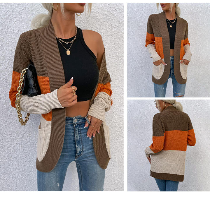 2024 Custom Design Casual Winter New Women Curved Big Pocket Contrast Color Sweater Lady Cardigan Wholesale Distribution