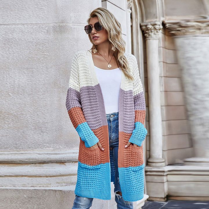 2024 Custom Design Wear Autumn Winter Knit Cardigan Colorful Plus Size Striped Sweater Women Clothing Factory to Consumer Hub