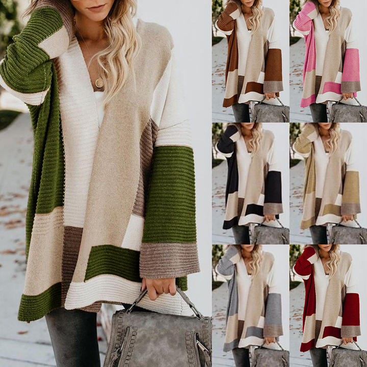2024 Custom Winter New Contrast Mixed Color Stripe Long Sleeve Cardigan Women Sweater Lady Clothing Factory to Consumer