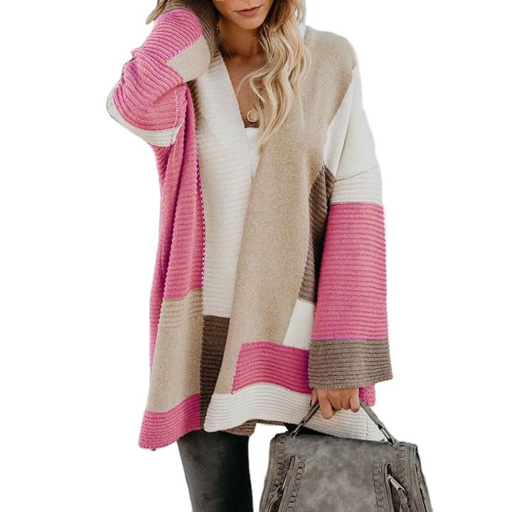 2024 Custom Winter New Contrast Mixed Color Stripe Long Sleeve Cardigan Women Sweater Lady Clothing Factory to Consumer