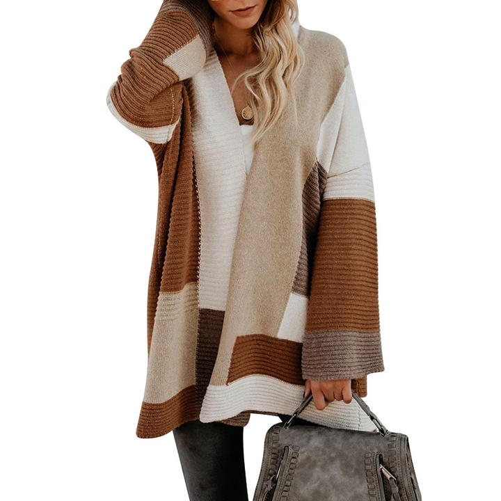 2024 Custom Winter New Contrast Mixed Color Stripe Long Sleeve Cardigan Women Sweater Lady Clothing Factory to Consumer