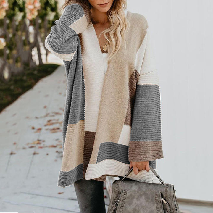 2024 Custom Winter New Contrast Mixed Color Stripe Long Sleeve Cardigan Women Sweater Lady Clothing Factory to Consumer