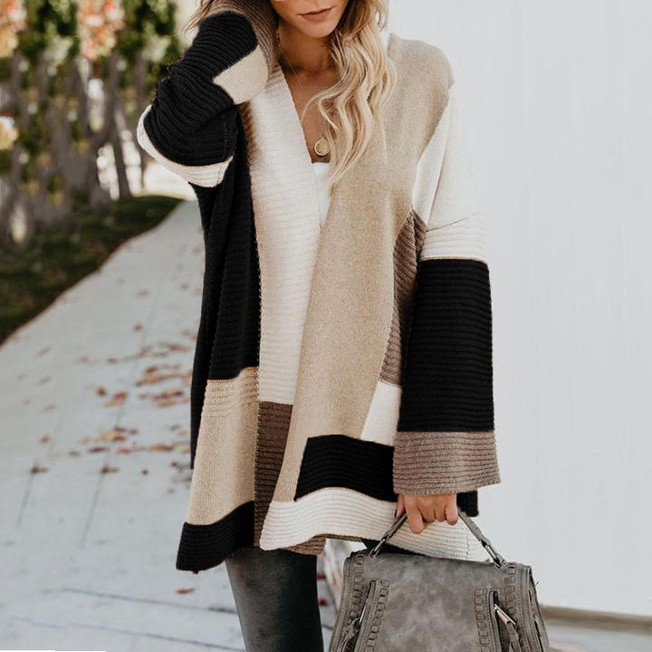 2024 Custom Winter New Contrast Mixed Color Stripe Long Sleeve Cardigan Women Sweater Lady Clothing Factory to Consumer