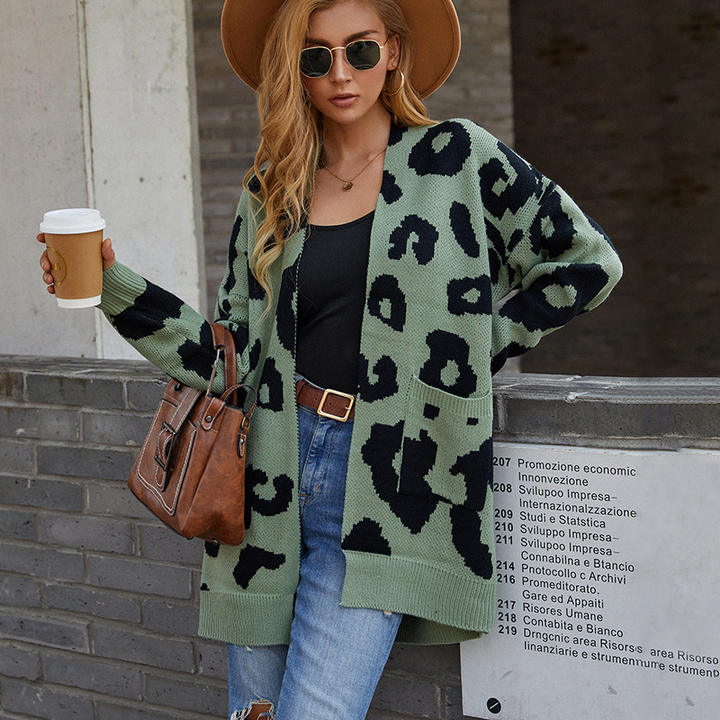 2024 Fashion Autumn Women's Long Pocket Knit Cardigan Leopard Print Sweater Lady Jacket Clothing OEM Wholesale Outlet