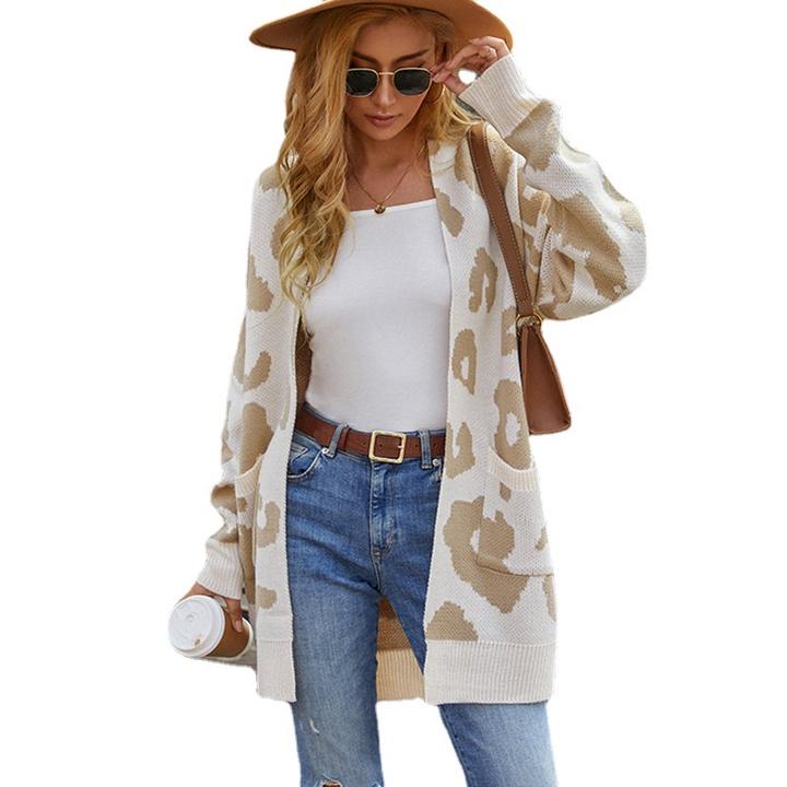 2024 Fashion Autumn Women's Long Pocket Knit Cardigan Leopard Print Sweater Lady Jacket Clothing OEM Wholesale Outlet