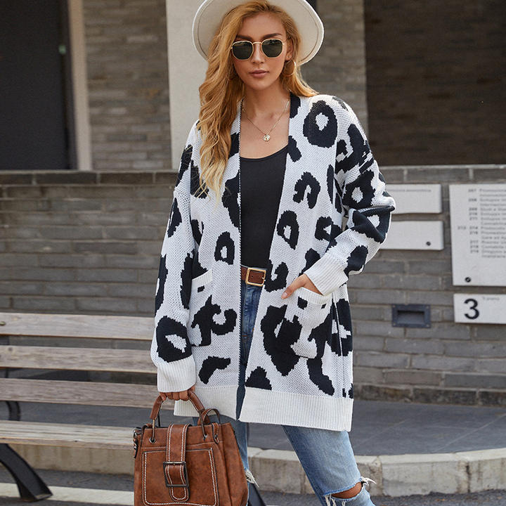2024 Fashion Autumn Women's Long Pocket Knit Cardigan Leopard Print Sweater Lady Jacket Clothing OEM Wholesale Outlet