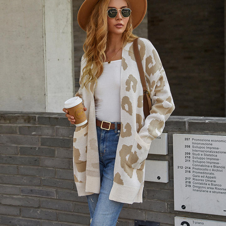 2024 Fashion Autumn Women's Long Pocket Knit Cardigan Leopard Print Sweater Lady Jacket Clothing OEM Wholesale Outlet