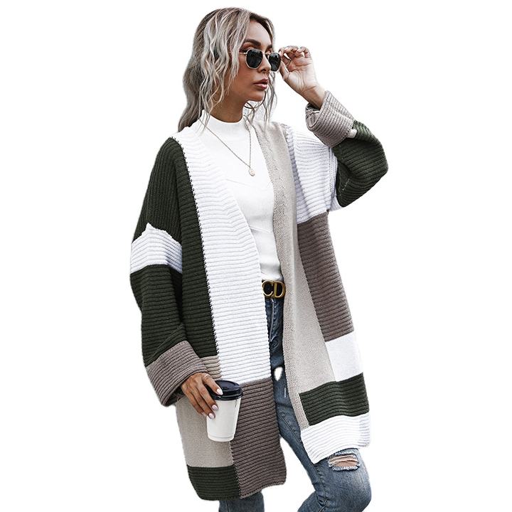 2024 Fashion Color Mix Matching Autumn Winter Long Cardigan Sweater Women Coat Lady Clothing Rapid Production Solutions Wholesale
