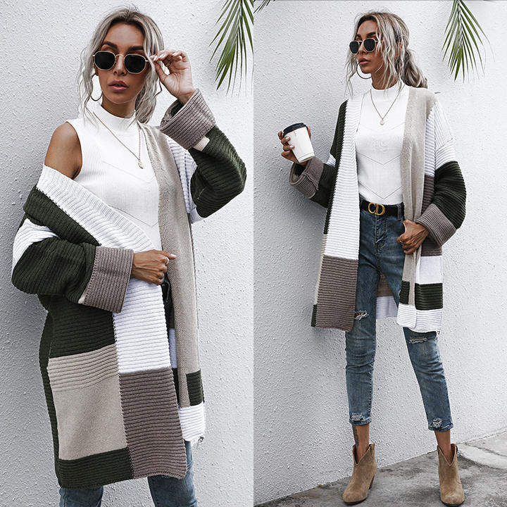 2024 Fashion Color Mix Matching Autumn Winter Long Cardigan Sweater Women Coat Lady Clothing Rapid Production Solutions Wholesale