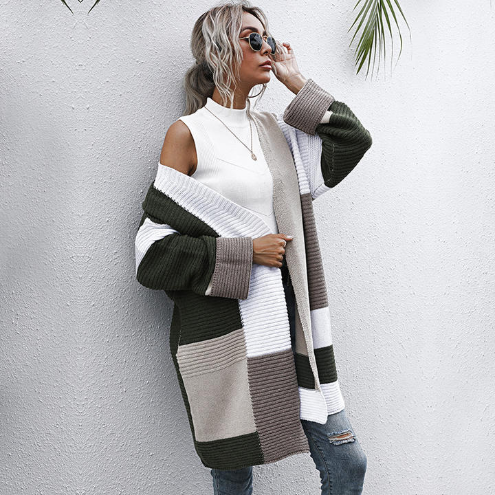 2024 Fashion Color Mix Matching Autumn Winter Long Cardigan Sweater Women Coat Lady Clothing Rapid Production Solutions Wholesale