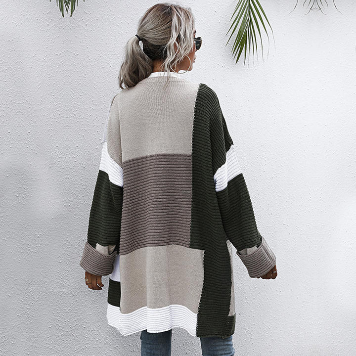 2024 Fashion Color Mix Matching Autumn Winter Long Cardigan Sweater Women Coat Lady Clothing Rapid Production Solutions Wholesale
