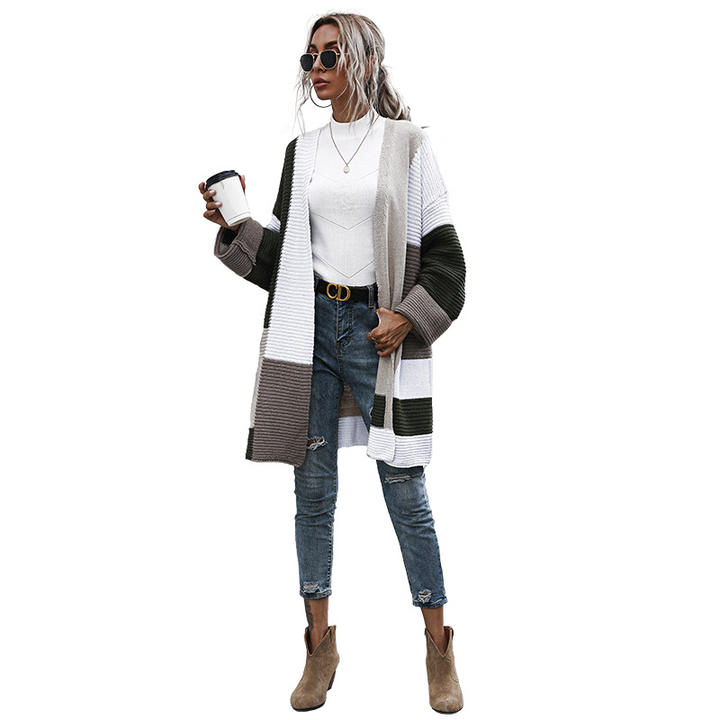 2024 Fashion Color Mix Matching Autumn Winter Long Cardigan Sweater Women Coat Lady Clothing Rapid Production Solutions Wholesale