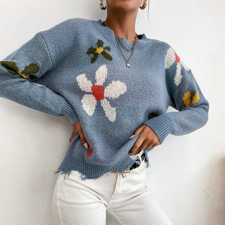 2024 Fashion Design Crewneck Knit Pullover Blue Floral Jacquard Winter Crop Korean Sweater For Women Factory-Owned Wholesale Bulk Orders