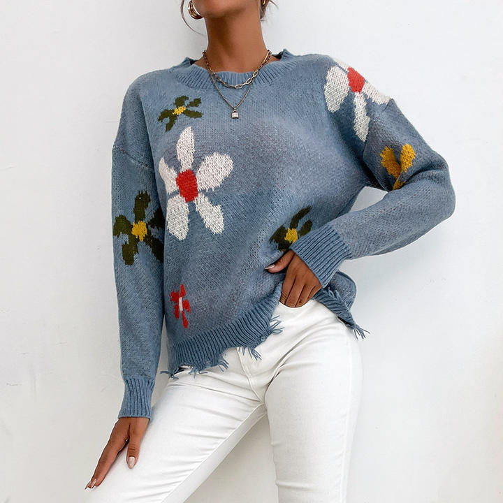 2024 Fashion Design Crewneck Knit Pullover Blue Floral Jacquard Winter Crop Korean Sweater For Women Factory-Owned Wholesale Bulk Orders