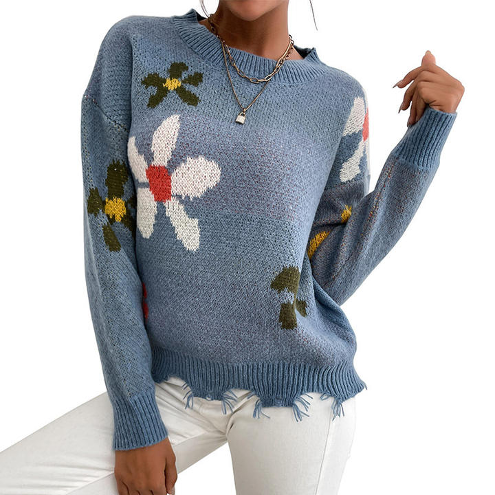 2024 Fashion Design Crewneck Knit Pullover Blue Floral Jacquard Winter Crop Korean Sweater For Women Factory-Owned Wholesale Bulk Orders