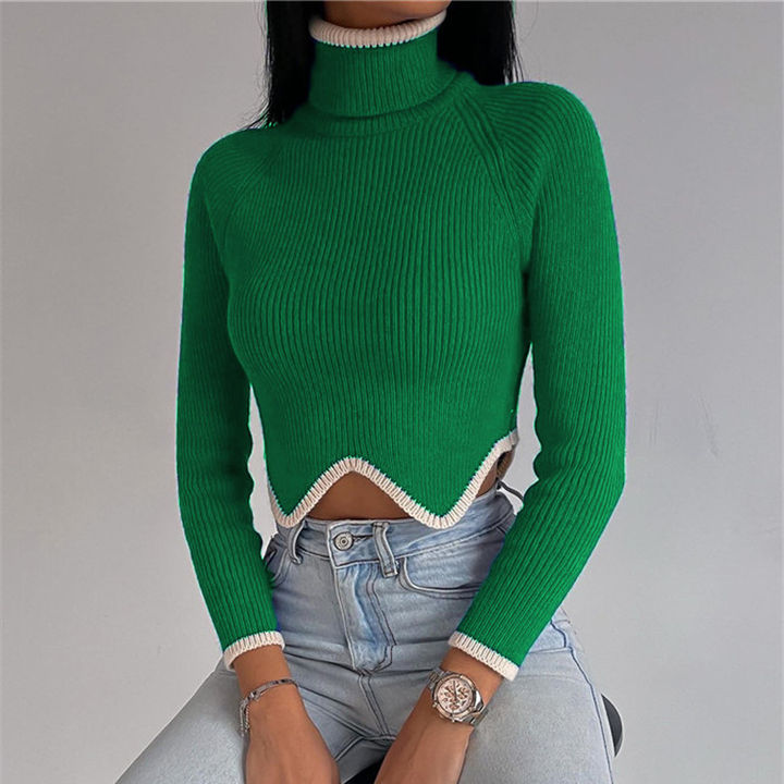 2024 Fashion Long Sleeve High Neck Tight Knit Undershirt Top Women Short Contrast Slim Sweater Clothing