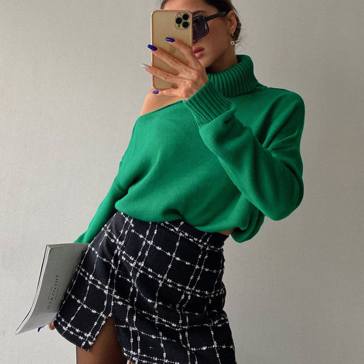 2024 Fashion Sexy Off-The-Shoulder Loose Turtleneck Sweater Women Solid Color Casual Knit Pullover Manufacturing & Supply Trade