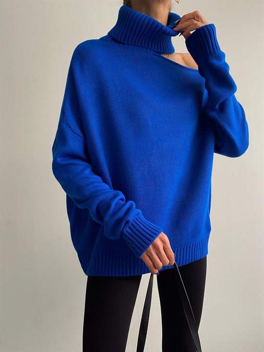 2024 Fashion Sexy Off-The-Shoulder Loose Turtleneck Sweater Women Solid Color Casual Knit Pullover Manufacturing & Supply Trade