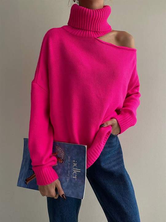 2024 Fashion Sexy Off-The-Shoulder Loose Turtleneck Sweater Women Solid Color Casual Knit Pullover Manufacturing & Supply Trade