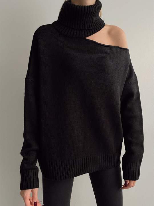 2024 Fashion Sexy Off-The-Shoulder Loose Turtleneck Sweater Women Solid Color Casual Knit Pullover Manufacturing & Supply Trade