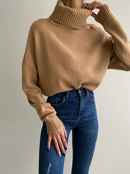 2024 Fashion Sexy Off-The-Shoulder Loose Turtleneck Sweater Women Solid Color Casual Knit Pullover Manufacturing & Supply Trade