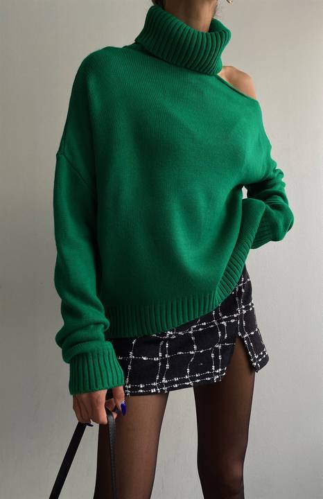 2024 Fashion Sexy Off-The-Shoulder Loose Turtleneck Sweater Women Solid Color Casual Knit Pullover Manufacturing & Supply Trade