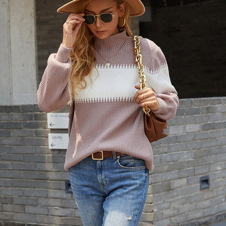 2024 Fashion Winter High-Neck Women New Stitched-Up Hit-Colored Sweater Lady Knitwear Clothing Pullover High-Volume Manufacturing
