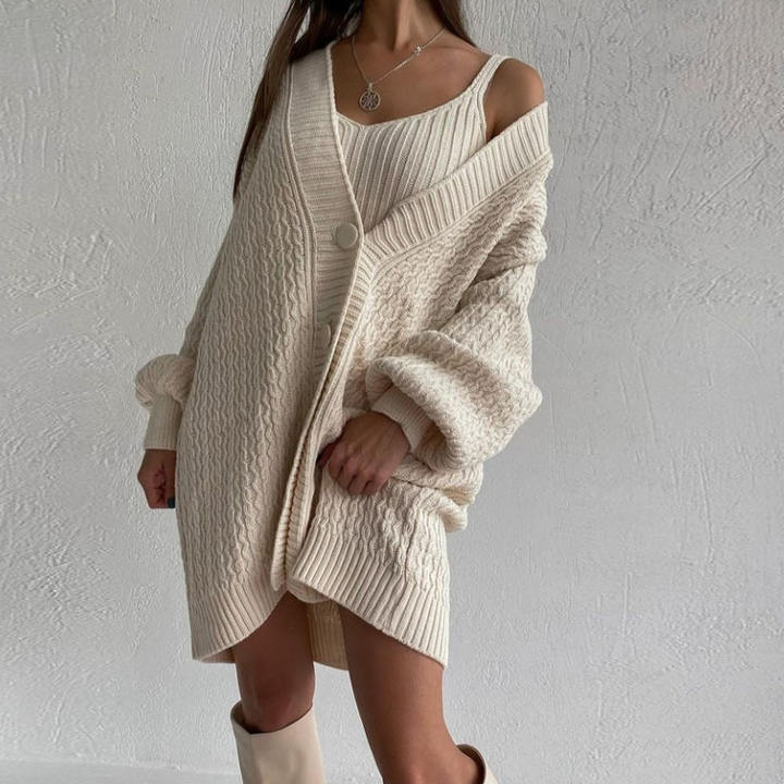 2024 Fashion Women Ropa Long Sleeve Button-Down V-Neck Dress Halter Sweater 2 Pieces Clothing Sets Manufacturing Services Chain