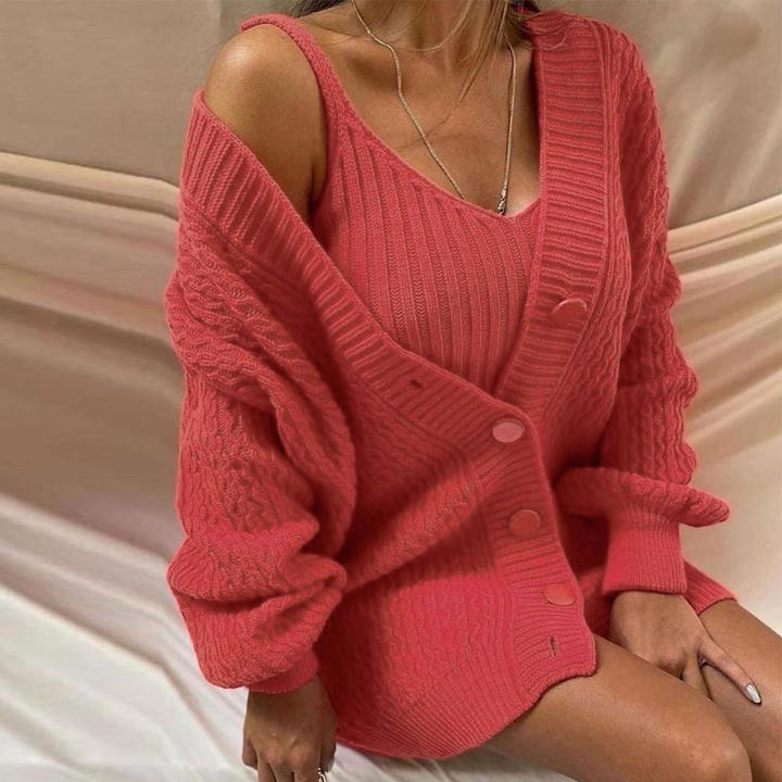 2024 Fashion Women Ropa Long Sleeve Button-Down V-Neck Dress Halter Sweater 2 Pieces Clothing Sets Manufacturing Services Chain