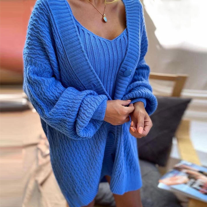 2024 Fashion Women Ropa Long Sleeve Button-Down V-Neck Dress Halter Sweater 2 Pieces Clothing Sets Manufacturing Services Chain